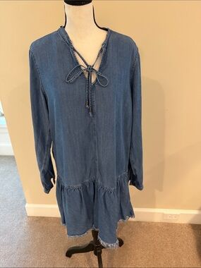 Rails Blue Denim Tie-Neck Long Sleeve Dress